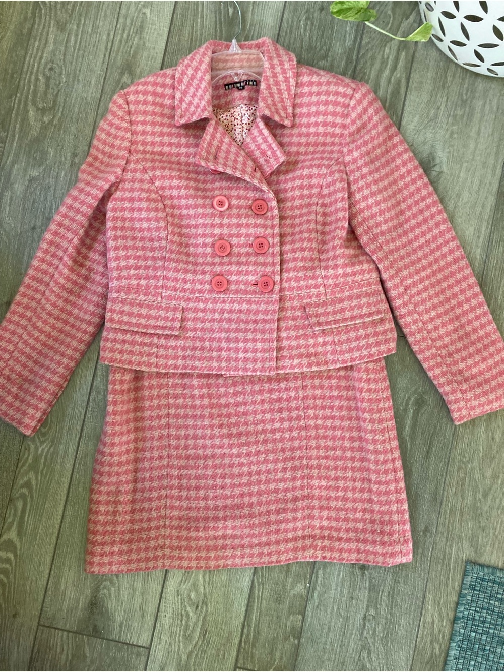 Pink Houndstooth Double-Breasted Cropped Jacket
